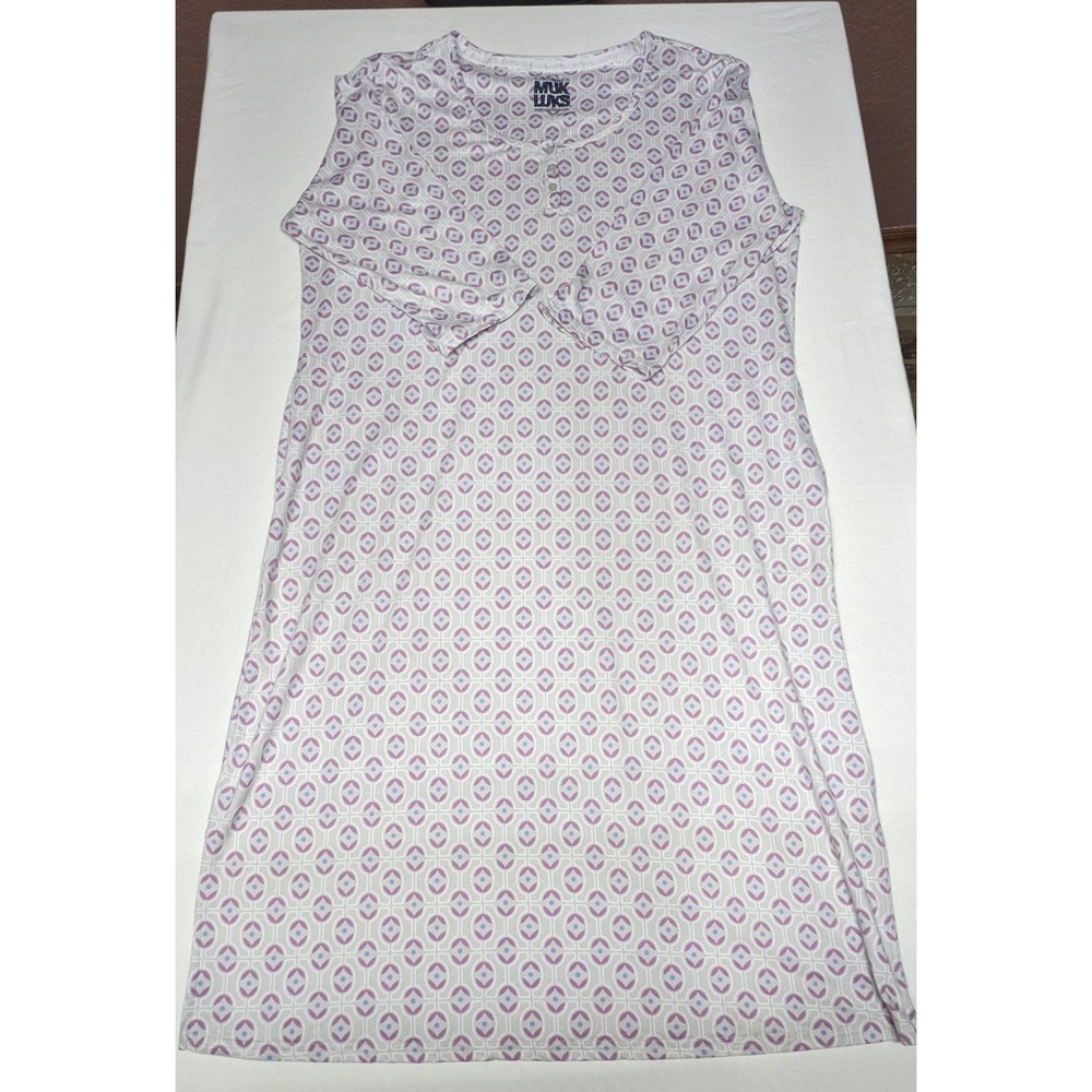 Muk Luks Womens Geometric Floral Henley Nightgown Gray Purple Short Sleeve Large